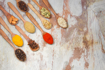 Aromatic spices on wooden spoons. Food ingradients.


