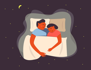 Adult couple cuddling under the blanket in bed at night. Sleeping together. Top view. Flat vector illustration. Template design elements for web, etc.