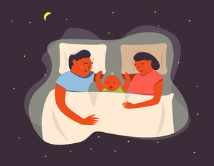 Adult couple sleeping together with baby between them under blanket at night. Sleeping together. Family, lifestyle. Top view. Flat vector illustration. Template design elements for web, etc.