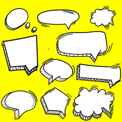 Speech bubble comic pop art set. Retro empty design elements dialog clouds with halftone dot background. Speech thought blobs comics book, vintage banner. Cartoon 80s-90s Vector illustration Isolated