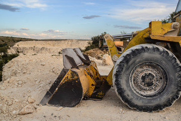 Close up a bulldozer at the construction site.
