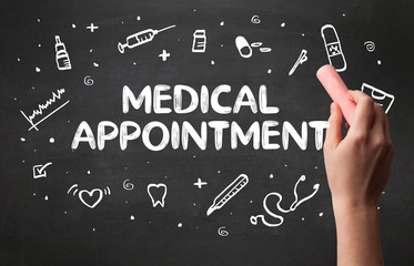 Hand drawing MEDICAL APPOINTMENT inscription with white chalk on blackboard, medical concept