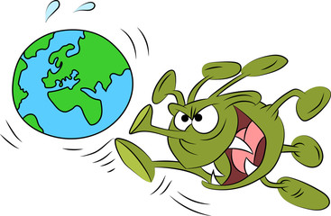 Dangerous and infectious corona virus kicking world's ass cartoon vector illustration