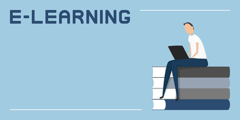 Man sitting with laptop on stack of books. E-learning. Vector illustration.
