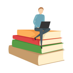 Student sitting with laptop on stack of books. Vector illustration.