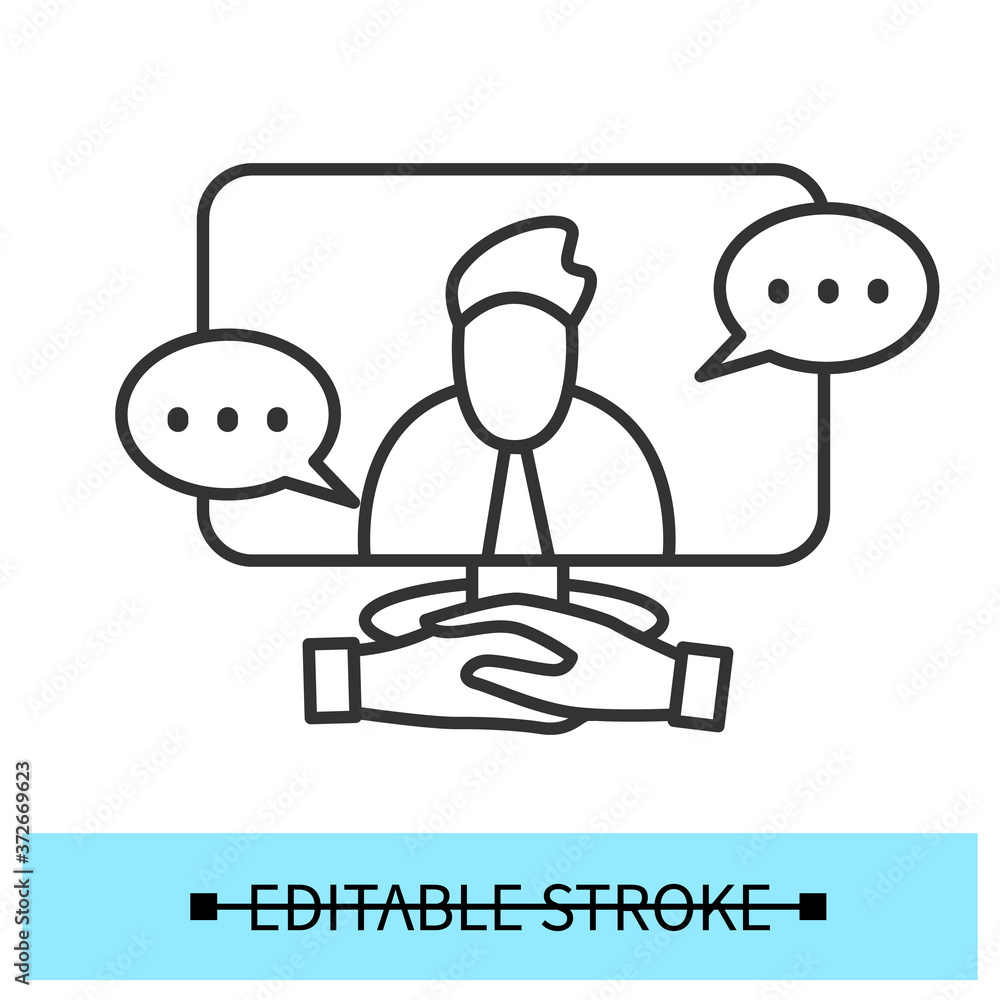 Poster online interview icon. remote business meeting or job interview concept. outline computer with busin