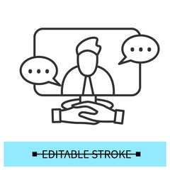 Online interview icon. Remote business meeting or job interview concept. Outline computer with business people handshake. Video call, digital communication. Vector editable illustration