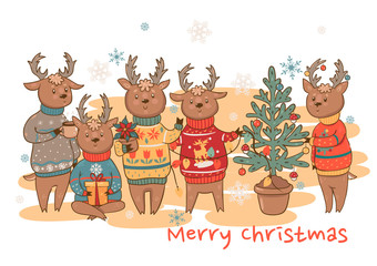 Obraz na płótnie Canvas Postcard with cute deer in sweaters Merry Christmas. Vector graphics.