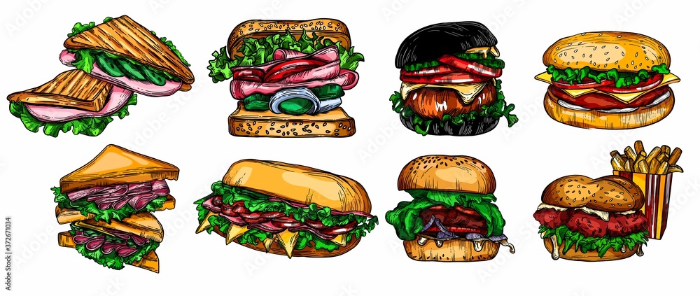 Wall mural Raster fast food illustrations in the style of the sketch. Burgers, pizza, sandwiches, fries, burgers. High-quality detailed drawing of elements.