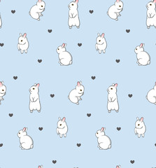 Pattern with cute little bunnies and hearts on blue background. White cartoon rabbit print for textile or wrapping paper. - Vector