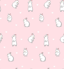 Pattern with cute bunnies and small hearts. White little rabbits on pink background illustration for textile design. - Vector