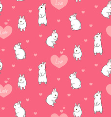 Pattern with cute little white bunnies and hearts on pink background. - Vector