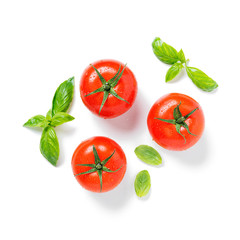 Fresh tomatoes with basil leaves isolated on white background.
