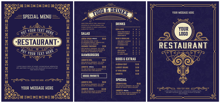 Restaurant menu template. Vintage style. Vector layered