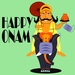 Vector of King Mahabali or Maveli riding on elephant with wearing surigical face mask due to outbreak of coronavirus, covid-19, in Onam festival of Kerala.Happy onam greeting. 
