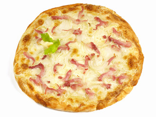 Traditional Tarte Flambee with Creme Fraiche, Onion and Bacon on white Background - Isolated