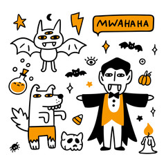 Spooky cartoon characters: vampire, werewolf and three-eyed bat. Beautiful print for Halloween. Graphic vector illustration.