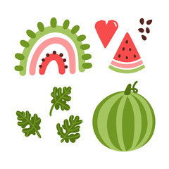 Colorful set vector elements: abstract rainbow, slice of watermelon, heart, watermelon, leaves and seeds. Beautiful print in Scandinavian style.