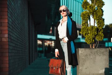 Portrait Of Successful Business Woman. Blonde european girl. Russian business lady. Hipster girl outfits.