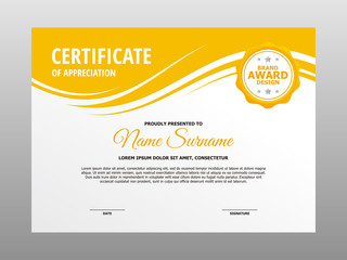 Simple Flat Stylish Yellow Wavy Certificate Design, Professional Modern Certificate Template Vector