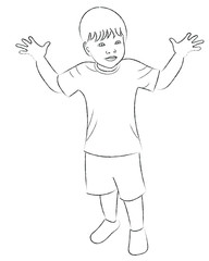 A sketch of a little boy who is standing with his hands up