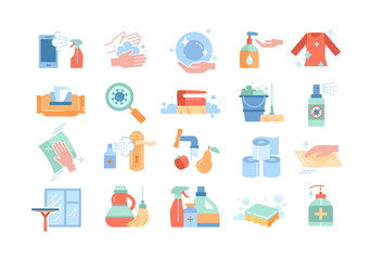 Large collection of disinfection or sanitising icons showing washing of hands and products, soaps, cleaning products, sanitizers, and laundry on white, colored vector illustration