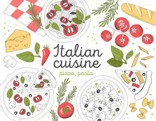 Italian Cuisine concept with pasta and pizza, assorted ingredients and baguette, colored vector illustration