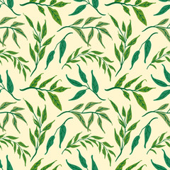 Seamless Pattern Green Herbs and Leaves. Seamless floral pattern background vector Illustration for print, Wallpaper, fashion template
