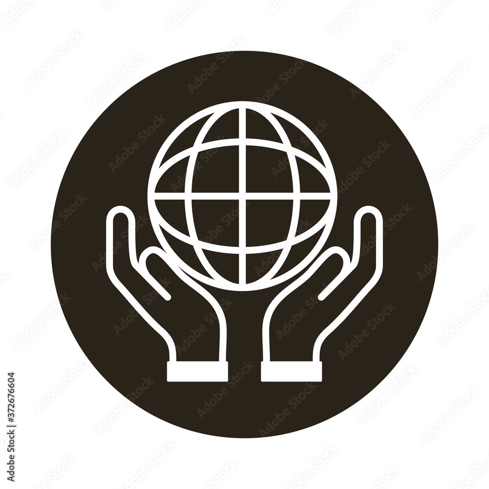 Poster hands lifting sphere world planet block style icon