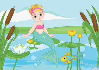 Beautiful mermaid girl  in a swamp with water lilies