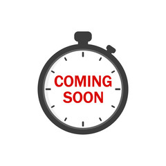 Coming soon sign icon. Promotion announcement symbol. Graphic design element. Flat coming soon symbol on the round button. Vector