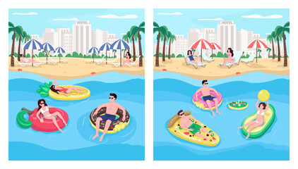 People floating on inflatables flat color vector illustration set. Summer vacations at seaside resort. Students on spring break 2D cartoon characters with cityscape on background collection