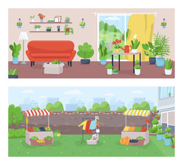 Gardening and farming flat color vector illustration set. Living room with potted and hanging houseplants. Farmer market. Urban garden 2D cartoon landscape with plants on background collection