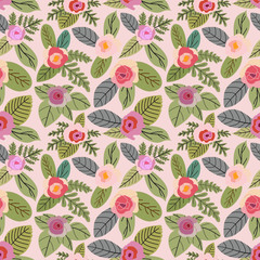 Bight Pink Flowers and Green Leaves Vector Seamless Pattern. Seamless floral pattern background vector Illustration for print, Wallpaper, fashion template