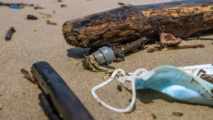 Hermit crab carry a tube plastic near medical, waste mask garbage