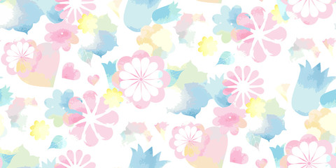 Vector Seamless watercolor abstract floral pattern in soft pastel colors. Pink blue yellow flowers on white background. Cute endless texture for kids design, decor, wallpaper, wrapper or fabrics. 