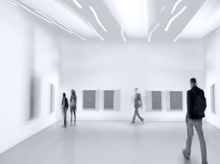 people in the art gallery center in monochrome blue tonality - obrazy, fototapety, plakaty