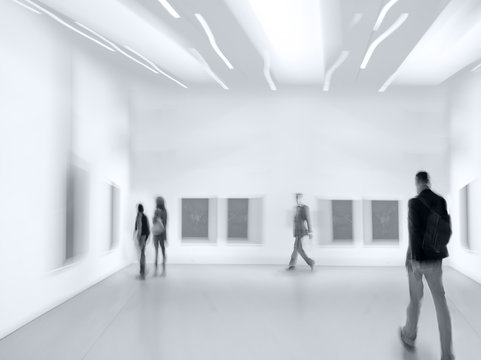 people in the art gallery center in monochrome blue tonality
