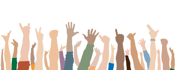 Human hands up of crowd. Vector illustration.