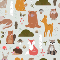 Pattern design for kids - forest animals. Vector illustration. Seamless pattern.	
