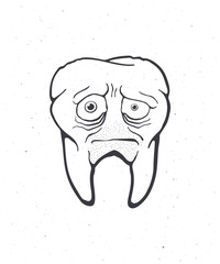 Old unhealthy sad human tooth with caries, tired eyes and bristles. Outline. Vector illustration. Symbol of somatology and oral hygiene. Hand drawn sketch. Isolated white background
