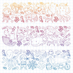 Vector pirate set in cartoon style. Sweet card with pirates, ship, whale, crab, octopus, mermaid, rum, anchor, treasure, fish, island and parrot.
