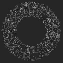 Vector pirate set in cartoon style. Sweet card with pirates, ship, whale, crab, octopus, mermaid, rum, anchor, treasure, fish, island and parrot.