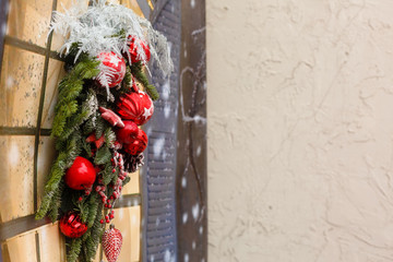 Christmas background with decorative star, fir branches and pine cones