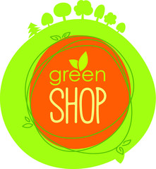Vector bio label Green Shop, stamp with green trees background.