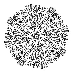 Leaves and flowers black and white isolated. Line art on transparent background. Hand-drawn circle with natural objects ornament. Freehand drawing mandala illustration