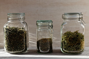 Dried herbs in glass jars: mint, lemon balm and garden thyme. Healthy lifestyle alternative...