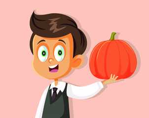 Happy Boy Holding Pumpkin Waiting for Autumn Season
