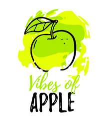 Vector summer illustration of juicy green apple with leaf and text on color background.