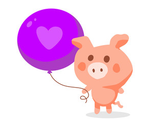 Vector color illustration of nice pink cartoon pig with big balloon on white background.